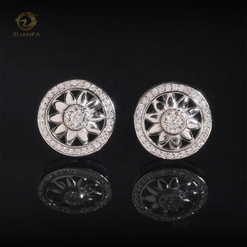 Ready to Ship Hip Hop Moissanite Earring Screw Back 925 Silver Hollow Sunflower Stud Diamond Earrings