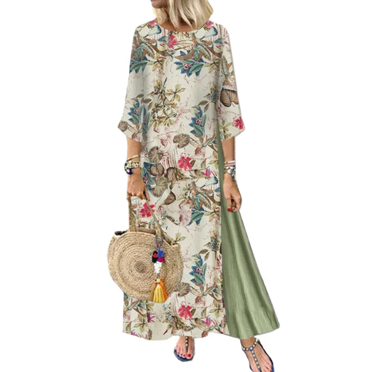

2020 7 / 4 Sleeve Round Neck Floral Fashion Casual Linen Dresses Women