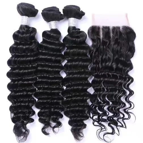 

Spicyhair Deep Wave Weave Indian Human Hair Bundles With Closure Wholesale Price 10A Quality Unprocessed Hair.