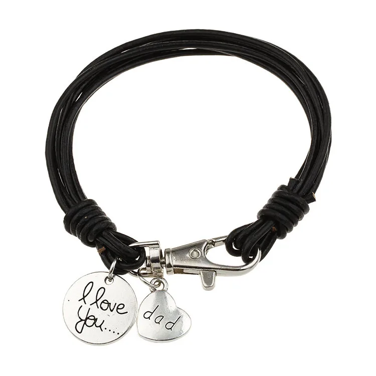 

Free Shipping Black Rope I Love you Dad Heart Bracelet In Zinc Alloy, As picture