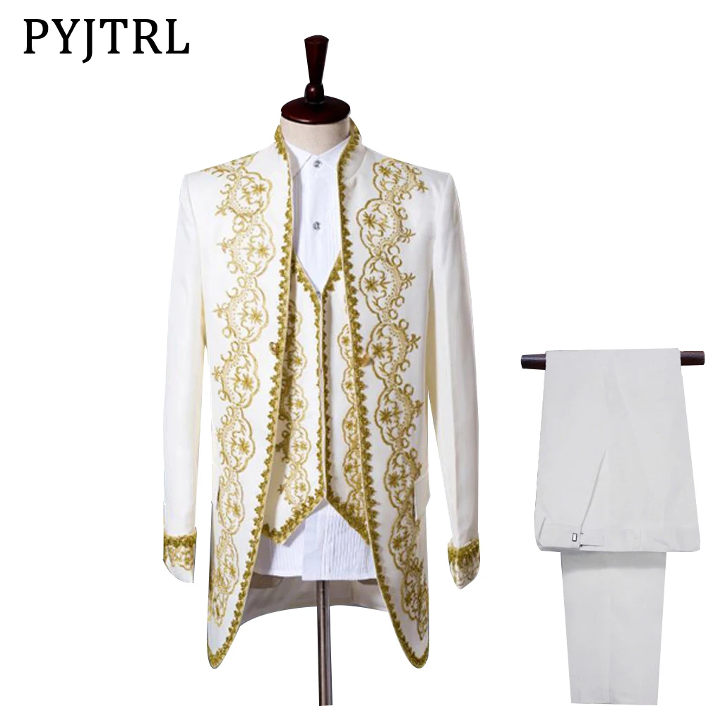 

PYJTRL S-XXL Men Classic Three Piece Embroidery Palace Stage Singer Wedding Suits Latest Coat Pant Designs Costume Homme