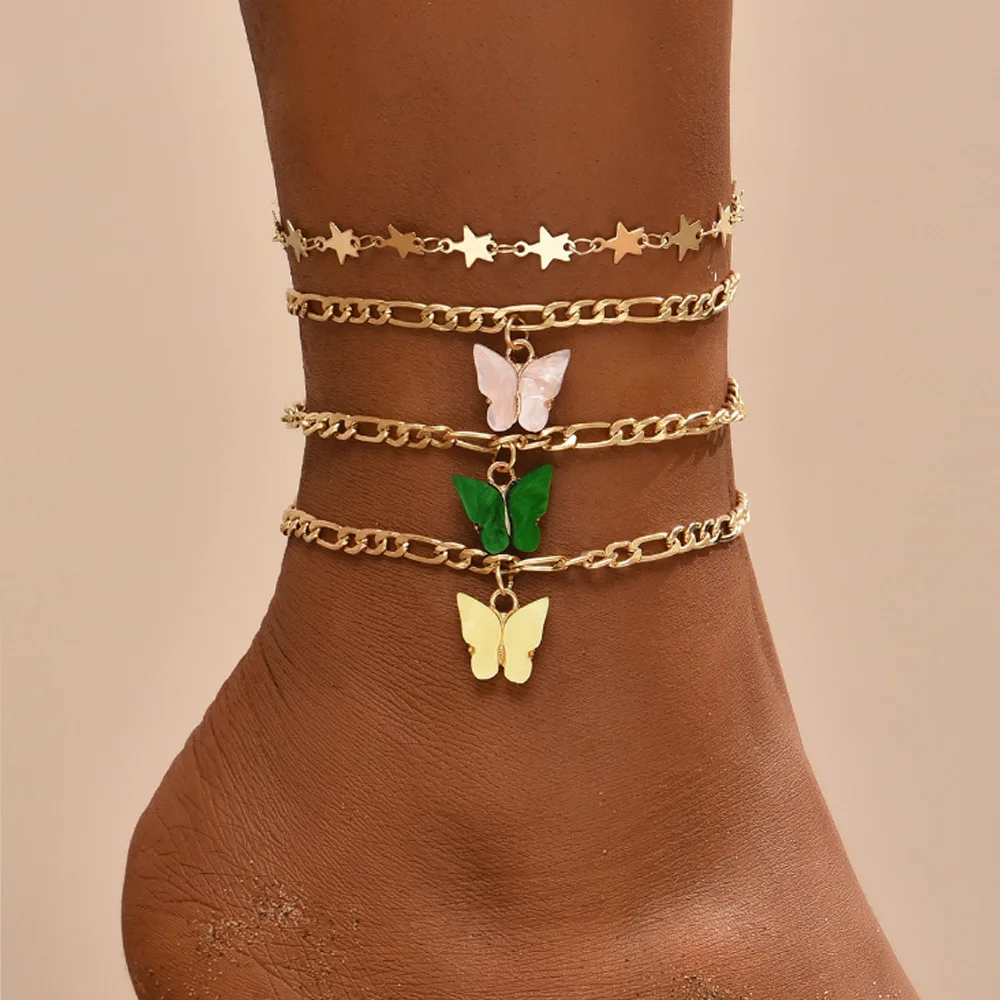 

High Quality Porcelain Butterfly Charm Jewelry Anklet Bracelet Golden Star Plating Multilayer Bracelet For Lady, Goldtone