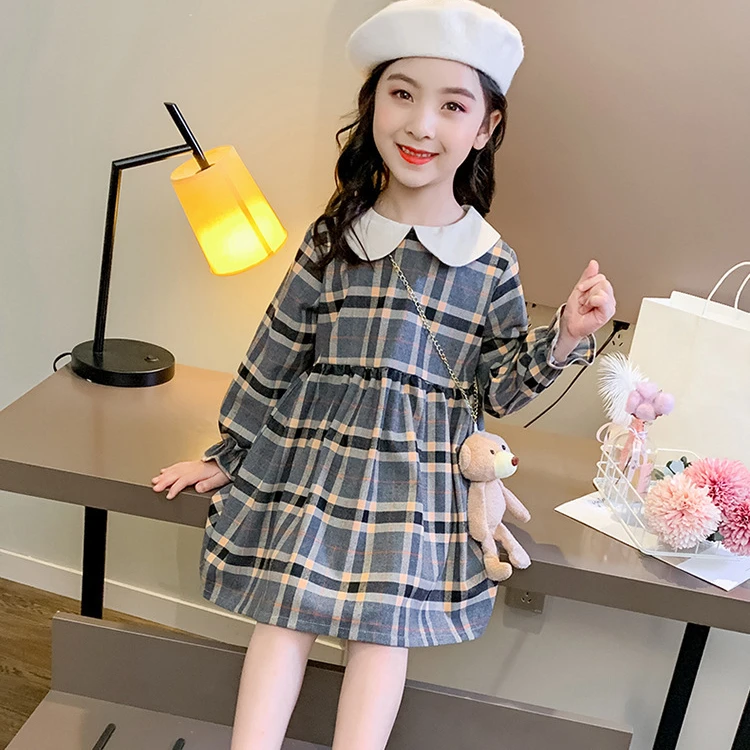 

New arrival spring autumn girls plaid printing turn down collar long sleeve dress for kids, Picture shows