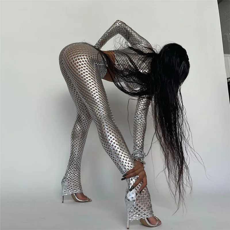 

Hot Mesh Style Streewear Bottom Shiny See Through Two Pieces Set Solid Hollow Out O-neck Long Sleeve Top leggings Fashion, Slivery