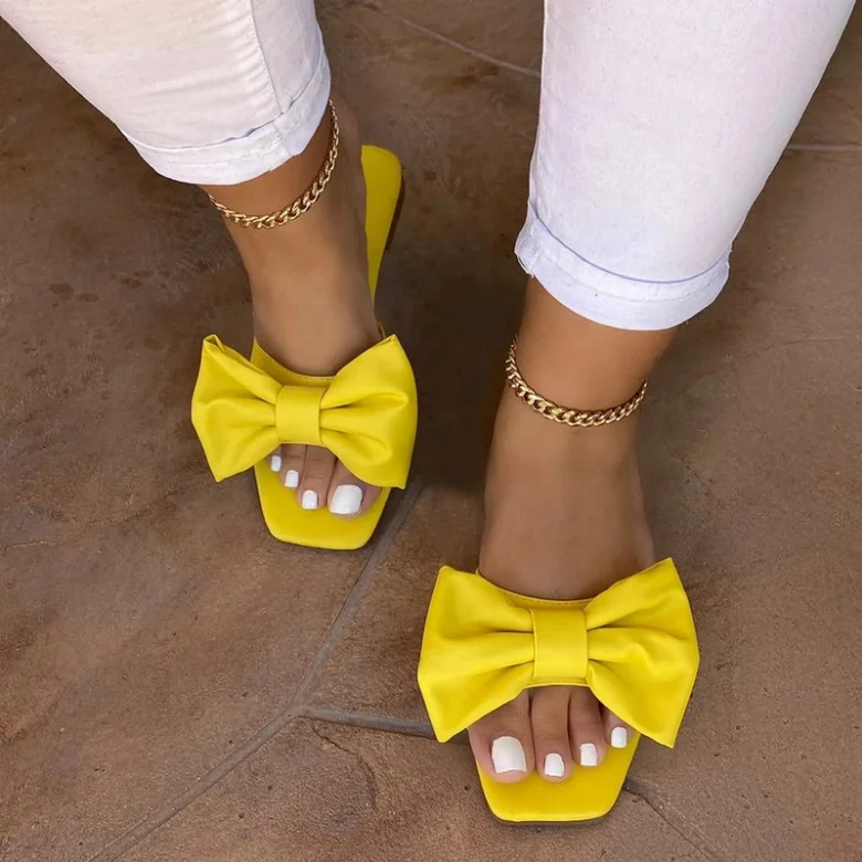 

Slip-On Plaid Flat Shoes Flip Flop Beach Sandals Women Casual Big Bowtie Slippers, White yellow