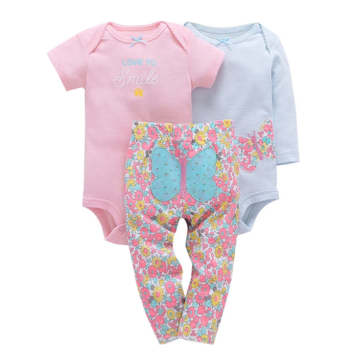 

Wholesale Baby Girls Clothing Sets 3 Pcs Sets Baby Romper Short Sleeve Summer and Spring Cotton Baby Romper+Pants Clothing Sets, 6 colors