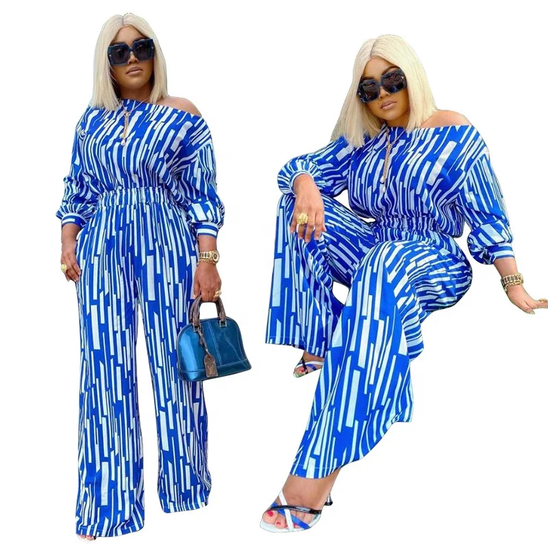 

Summer Blue Stripe Casual Suit Women Clothing Pants Plus Size 2 Piece Sets