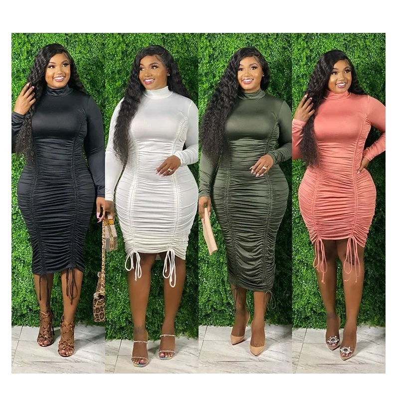 

BK263 Hot selling top quality soft solid color adjustable length elegant women's drawstring plus size casual dresses