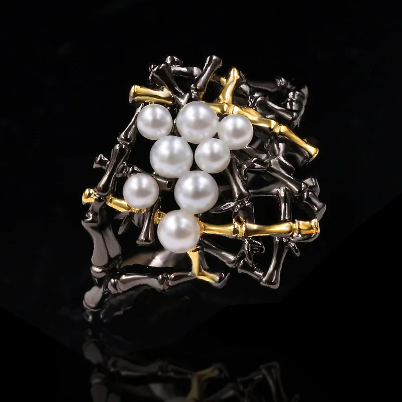 

Antique Designs Fashion Jewelry KYRA01115 Pearl Rings Antique Gold Plated Freshwater Pearl ring for women, Black