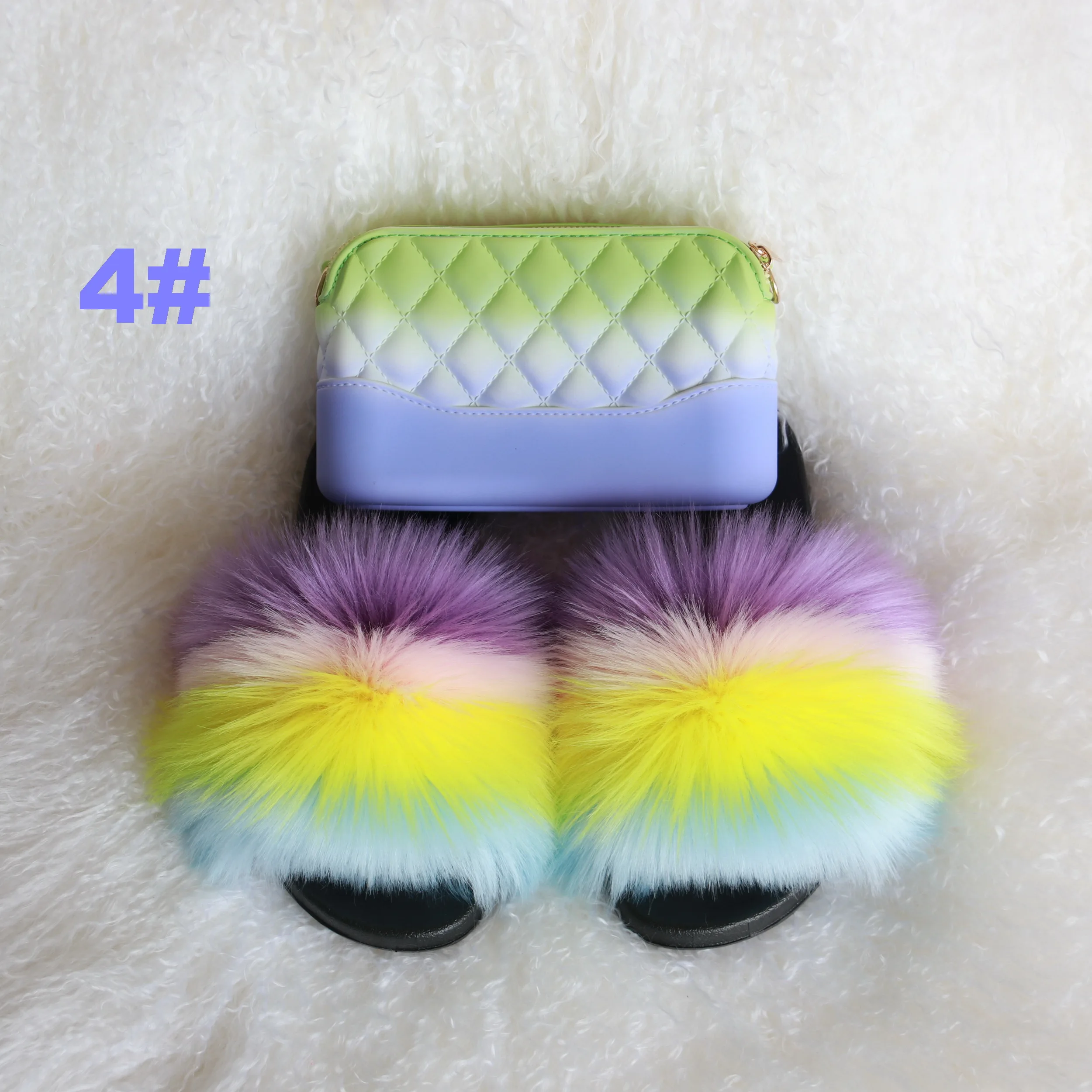 

curlyfur fluffy sandals PVC double zipper mini jelly purse with slides