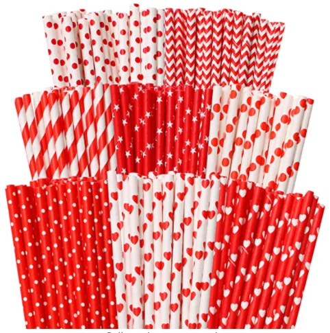 

Valentine's Day Paper Straws Red and Pink Biodegradable Drinking Hearts Stripe Bicolor Stripe Dot, Customized