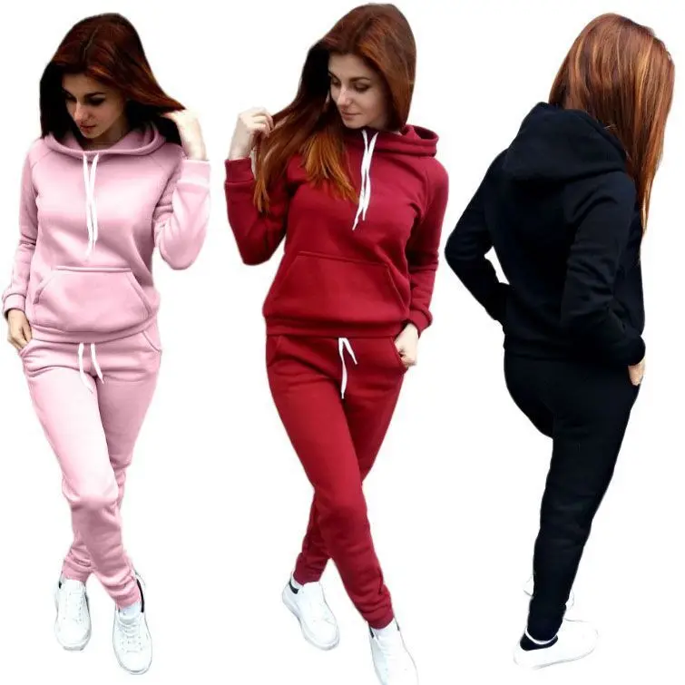 

European and American autumn and winter solid color two-piece hooded fleece sports hooded suit