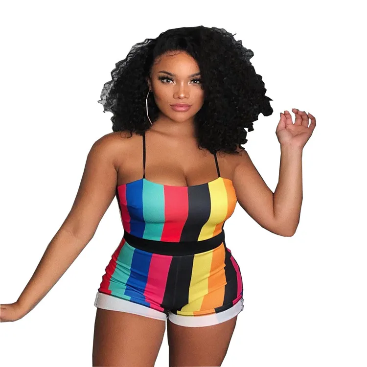 

New Coming Ladies Jumpsuits Rompers Sexy Colorful Striped Print Pencil Pants Suspender Women Clothing Summer Women Jumpsuit, Picture