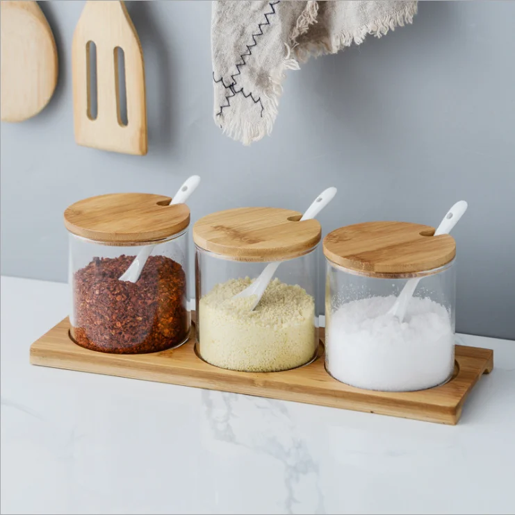 

spice jar glass set with bamboo tray, Transparent