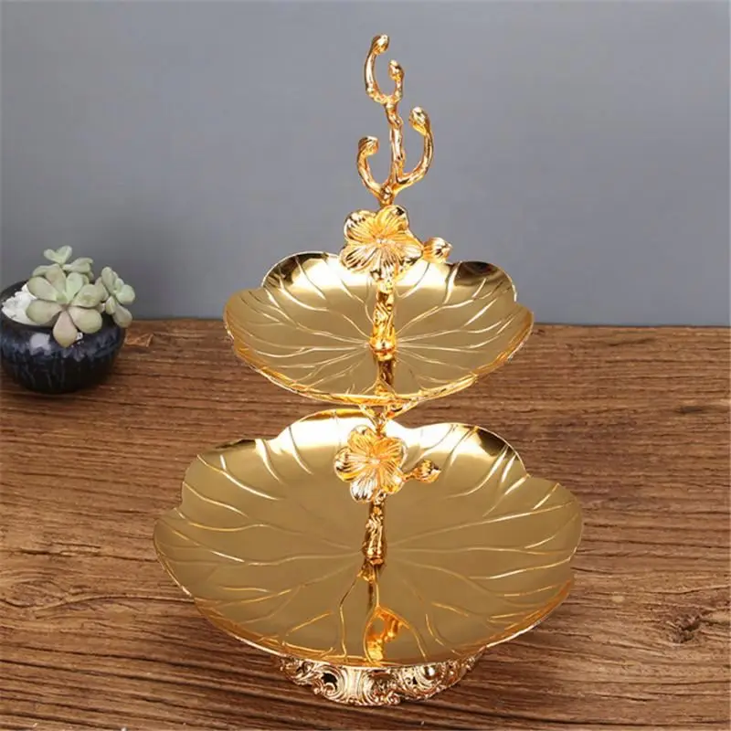 

Iron+Zine-Alloy Double Deck Living Room European Plate Creative Household Split Lotus Leaf Pattern Dish, Yellow