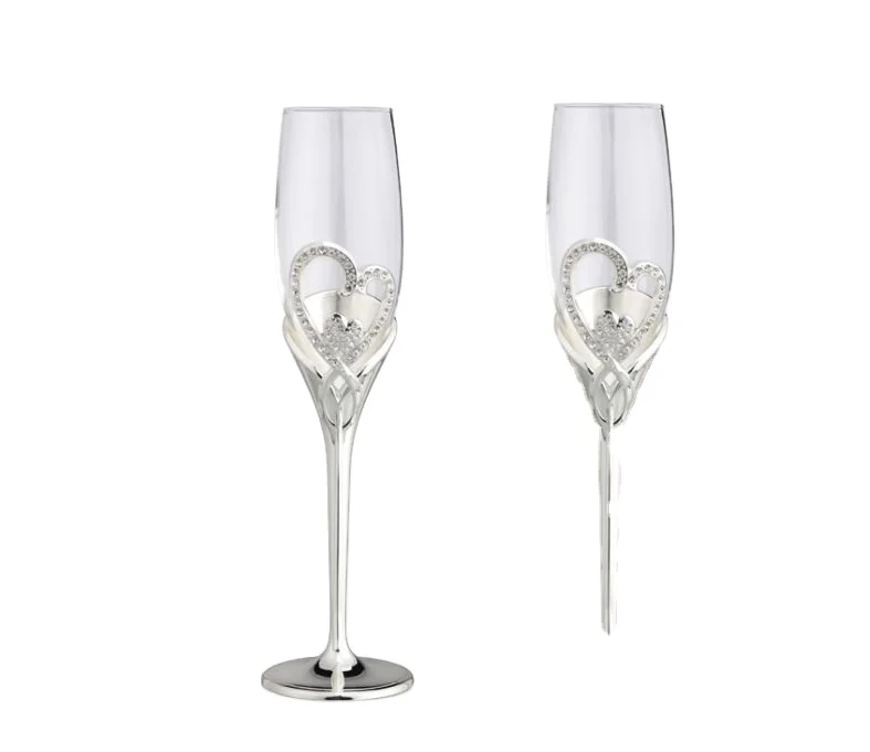 

Champagne Glasses Metal Stem Toasting Flutes In Pair With Heart Decoration Crystals Wedding Wine Glasses Wedding Decorations, Spray color