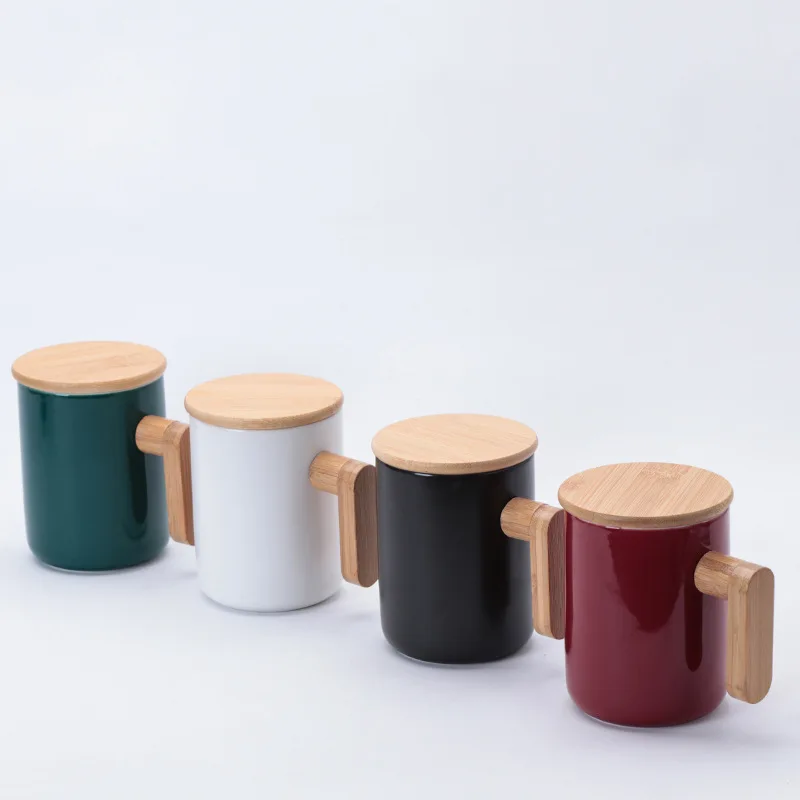 

Nordic High Quality White Black Red Simple Ceramic Beer Coffee Water Mug with wooden cover and wood handle For Home Party Office