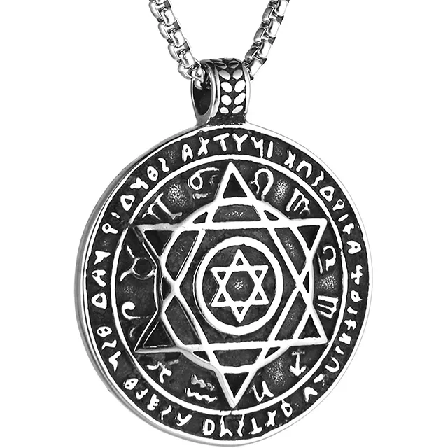 

Fashion Amulet Seal Solomon Hexagonal Star Stainless Steel Pendant Necklace for Women, Black color