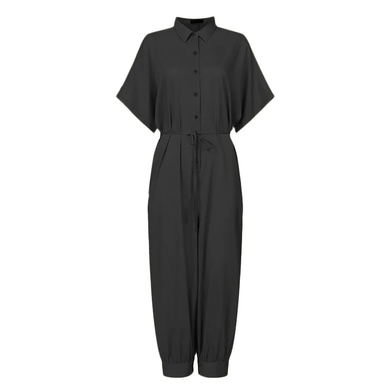 PRETTY STEPS 2020 Women Short Sleeve Loose Retro one piece Front Button Down V-neck Plus Size Casual Jumpsuits