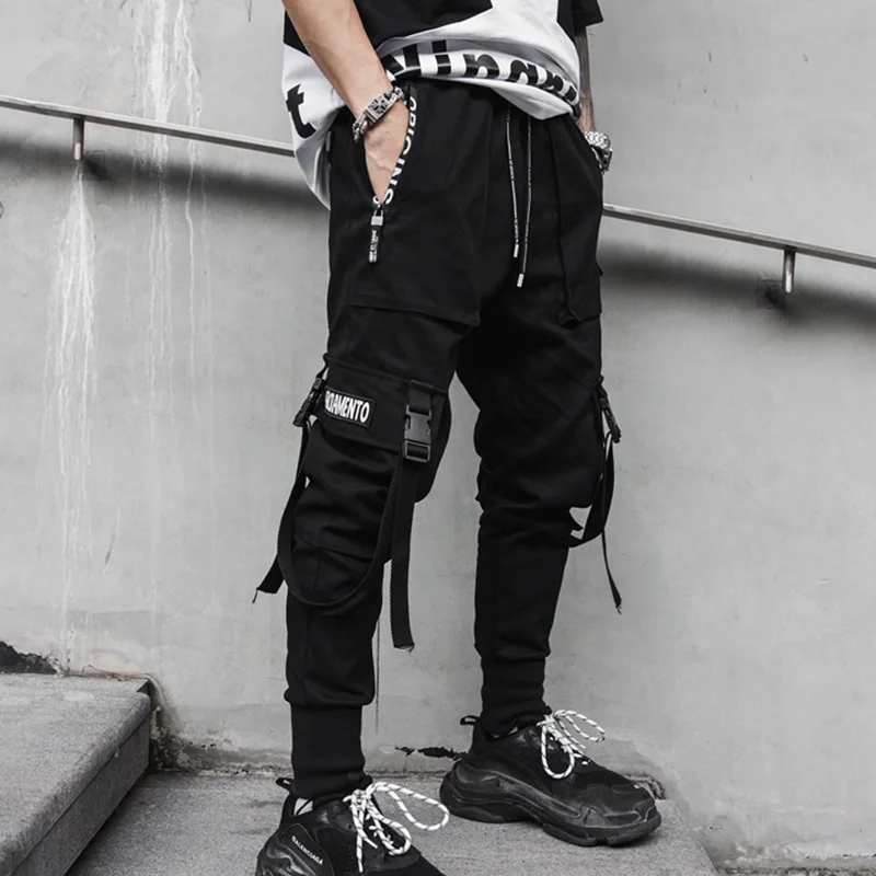 

April MOMO 2020 Men New Spring Hip Hop Pants Club Singer Stage Costume Trousers Ribbons Streetwear Joggers Sweatpants Hombre, Balck