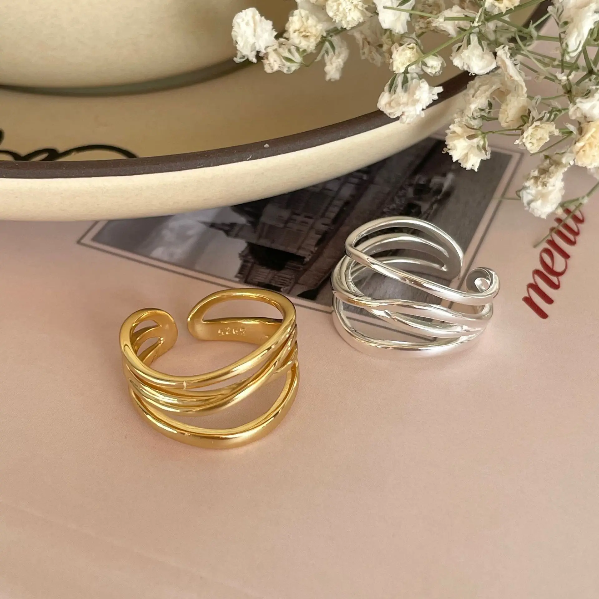 

Ins 18K Gold Plated Smooth Irregular Multilayer Open Rings 925 Sterling Silver Four Layers Cross Band Rings