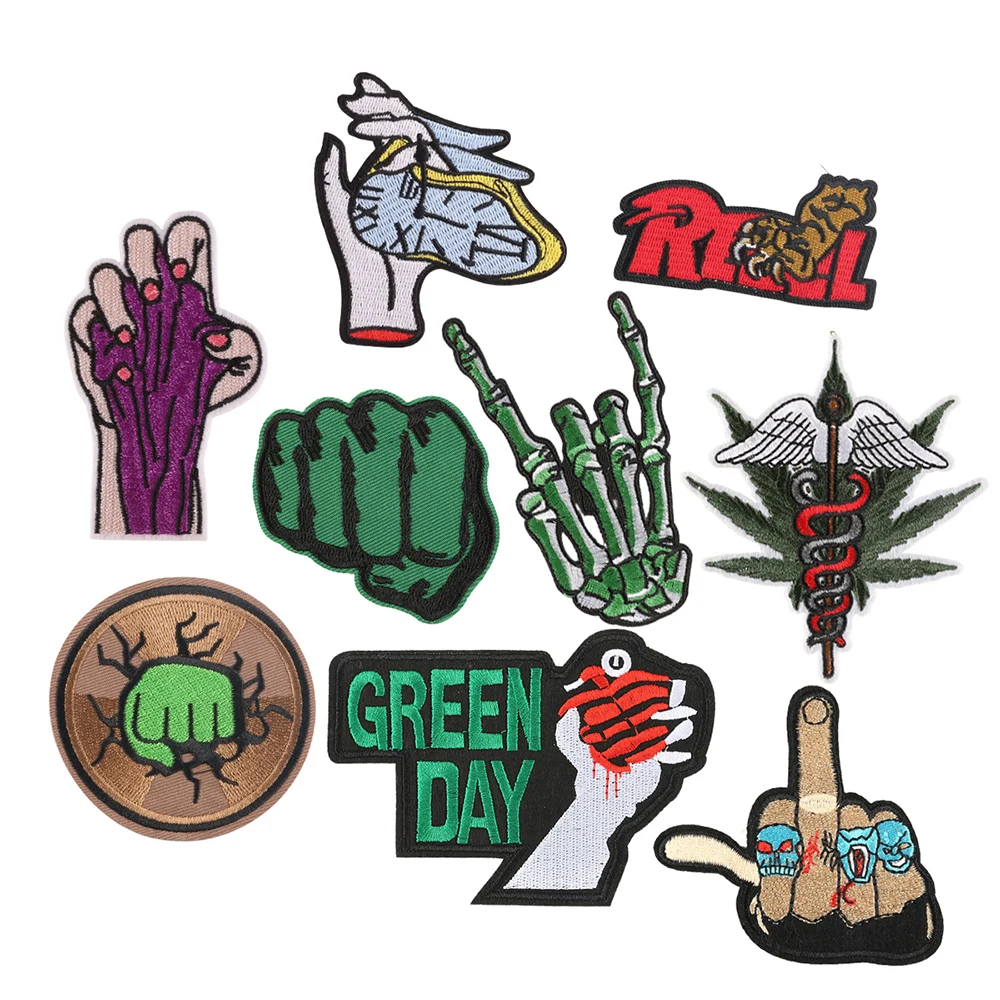 hot sale good quality green fist finger skull design embroidery iron on punk patches for clothes