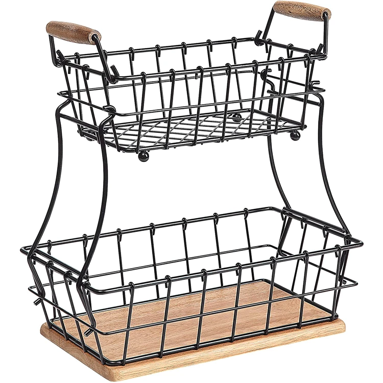 

E101 Wire Food Organizer Storage Basket with Wood Handle Fruit Bread Serving Basket 2 Tier Rectangle Countertop Wire Basket, Black