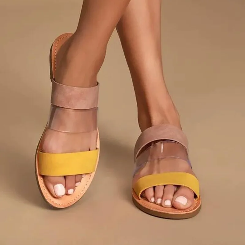 

Best price summer fashion women slippers colour block lady flats mules round open toe patchwork strap female slides