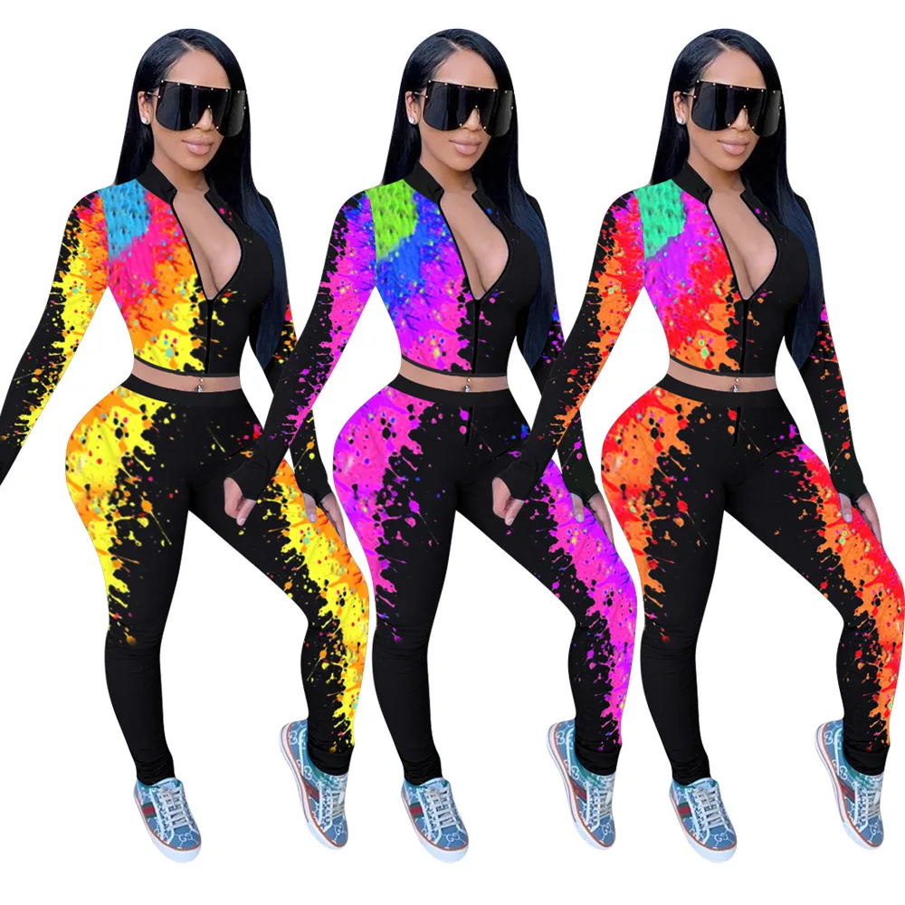 

MD-2021011217 2021 New Splashed Ink Printing Two Piece Pants Set Women Jogging Suits Sportswear Plus Size Women Outfits