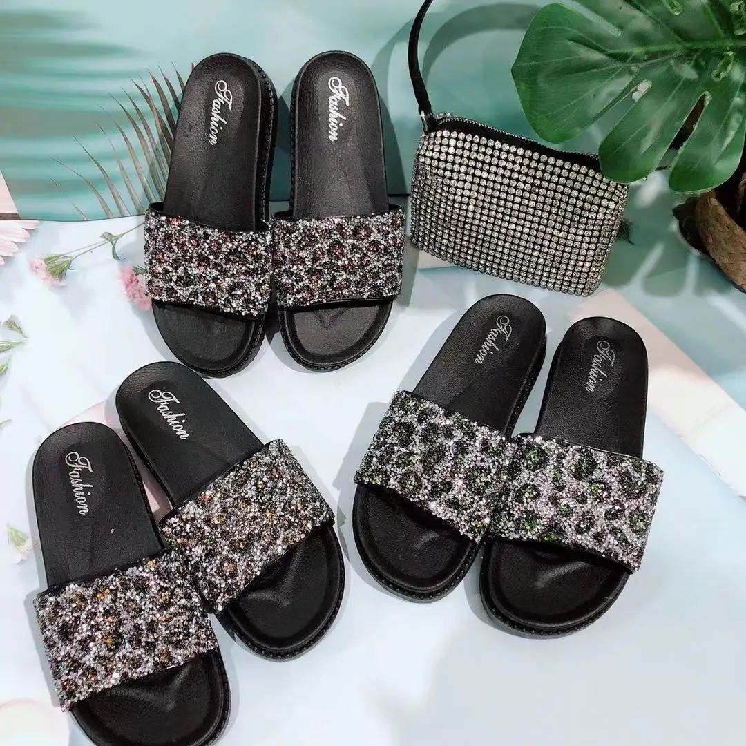 

Fashion 2021 lady's matching slippers and bag purse set Casual Glitter Leopard flat Slippers evening diamond handbag and shoes, Blue, red, pink,black