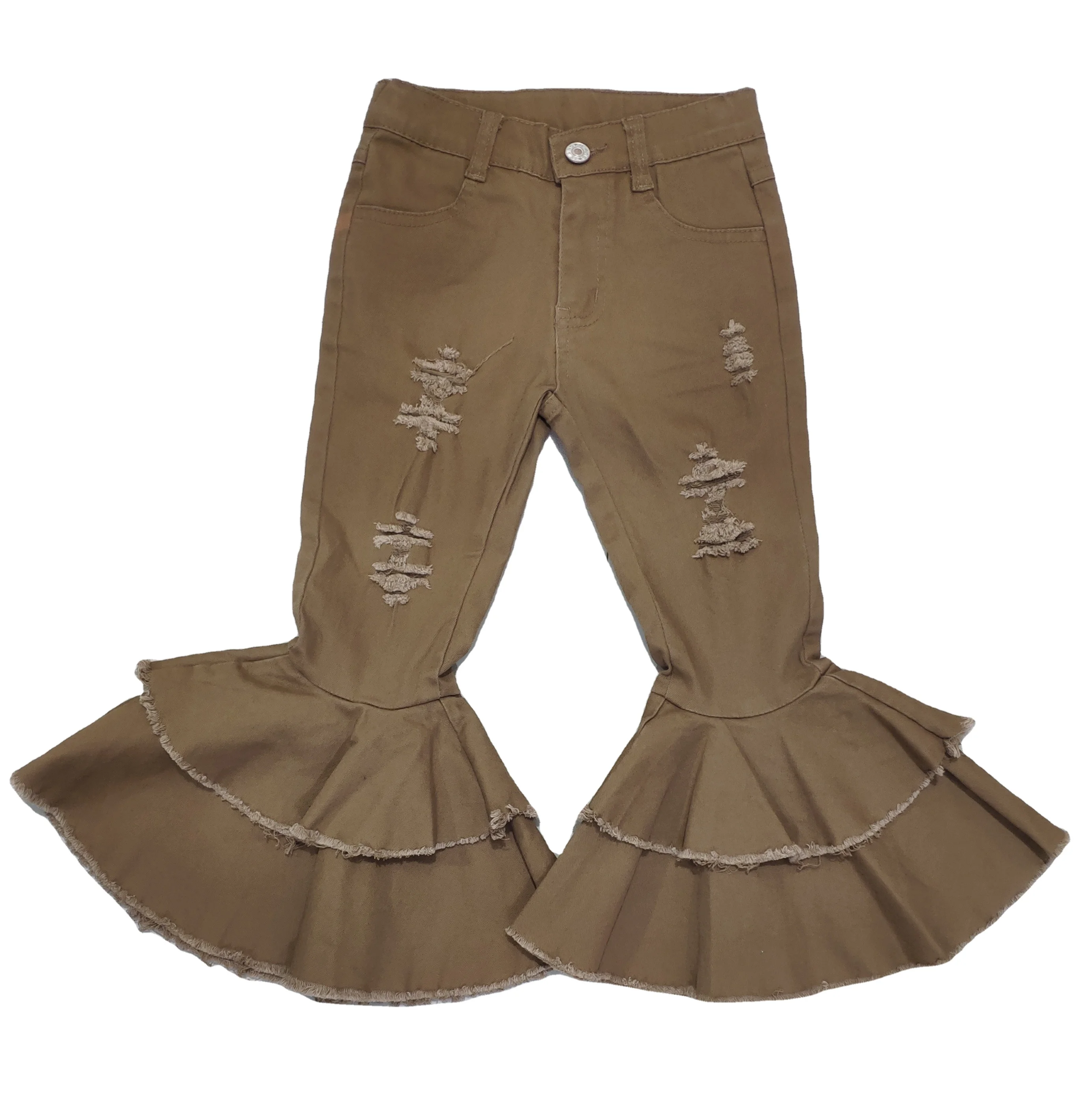 
Kids denim wide leg flare bell bottom pants girls boutique solid color pants wholesale elastic fabric 