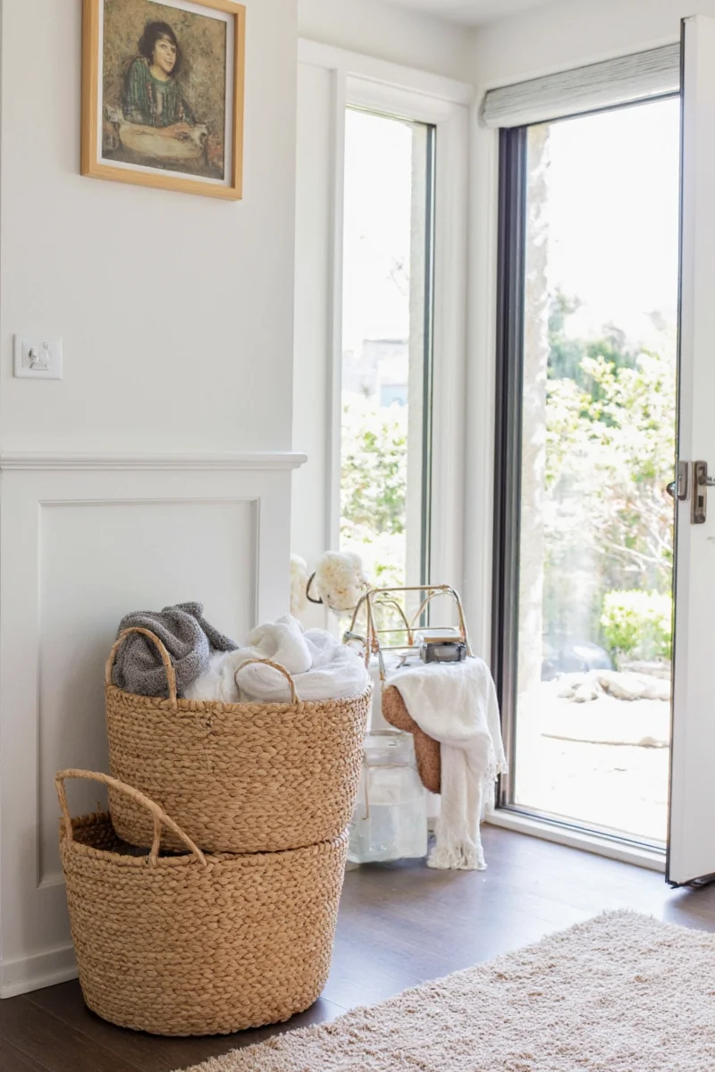 Bright blue wicker basket sitting on a shelf