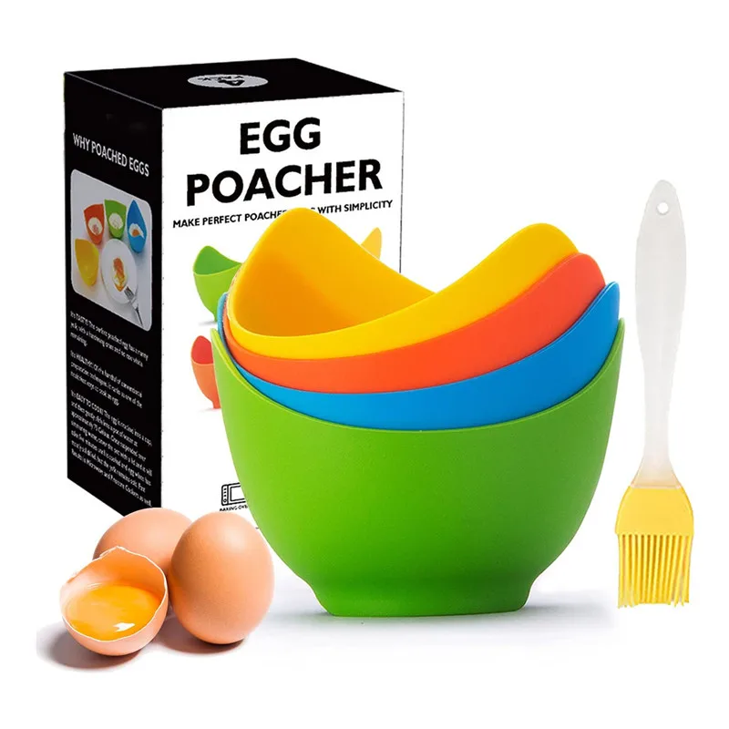 

4 Pack Silicone Egg Poacher Cup for Microwave with Extra Oil Brush Poached Egg Cooker with Ring Standers, Mix color
