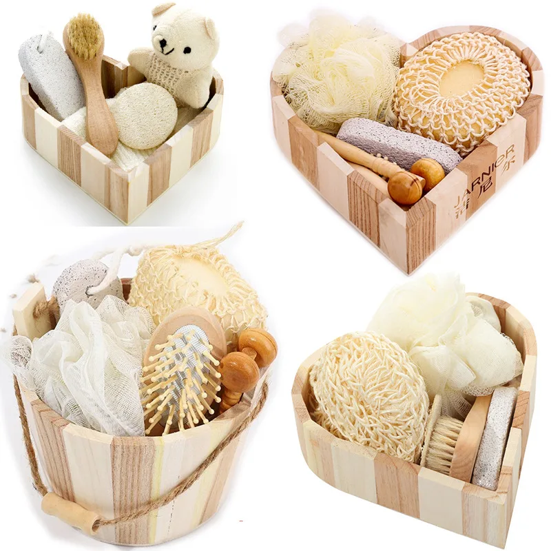 

Custom New Ramie Full Sisal Clean Rrubbing Mud Bath Set Bath Pull Back Strip Jute Sponge Wooden Barrel Bath Set