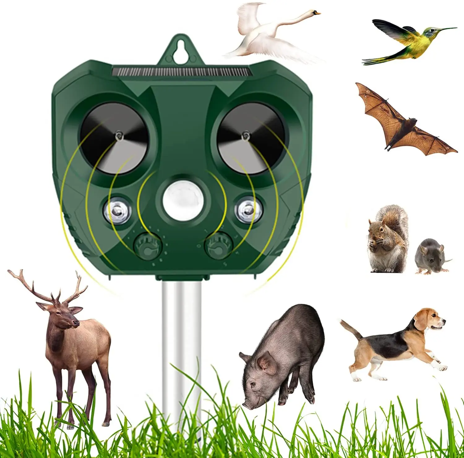 

SJZ OEM/ODM Supply Solar Ultrasonic Pest Repeller cat dog bird monkey Insect Repeller For Orchard Garden, Army green