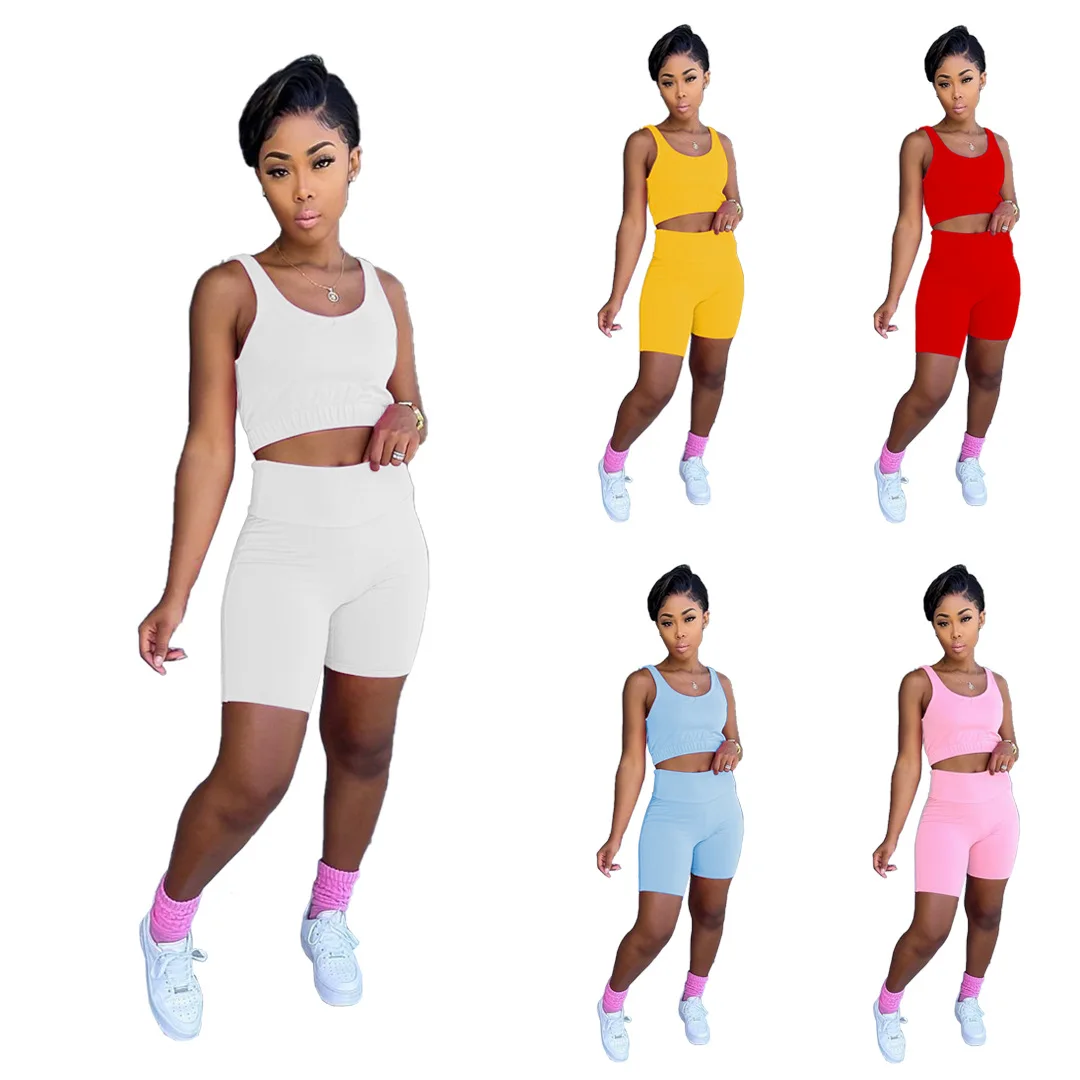 

2021 women clothing Tank Top & Biker Shorts Set solid color two piece short set casual sleeveless 2 piece set, Rose red/coffee/green/wine red/the cowboy blue/orange/blue/army green