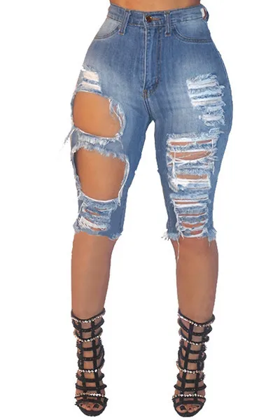 

2021 Summer European And American Explosion Models High-elasticity Women's Jeans Mid Pants European Trend Ripped Jeans Women, Blue