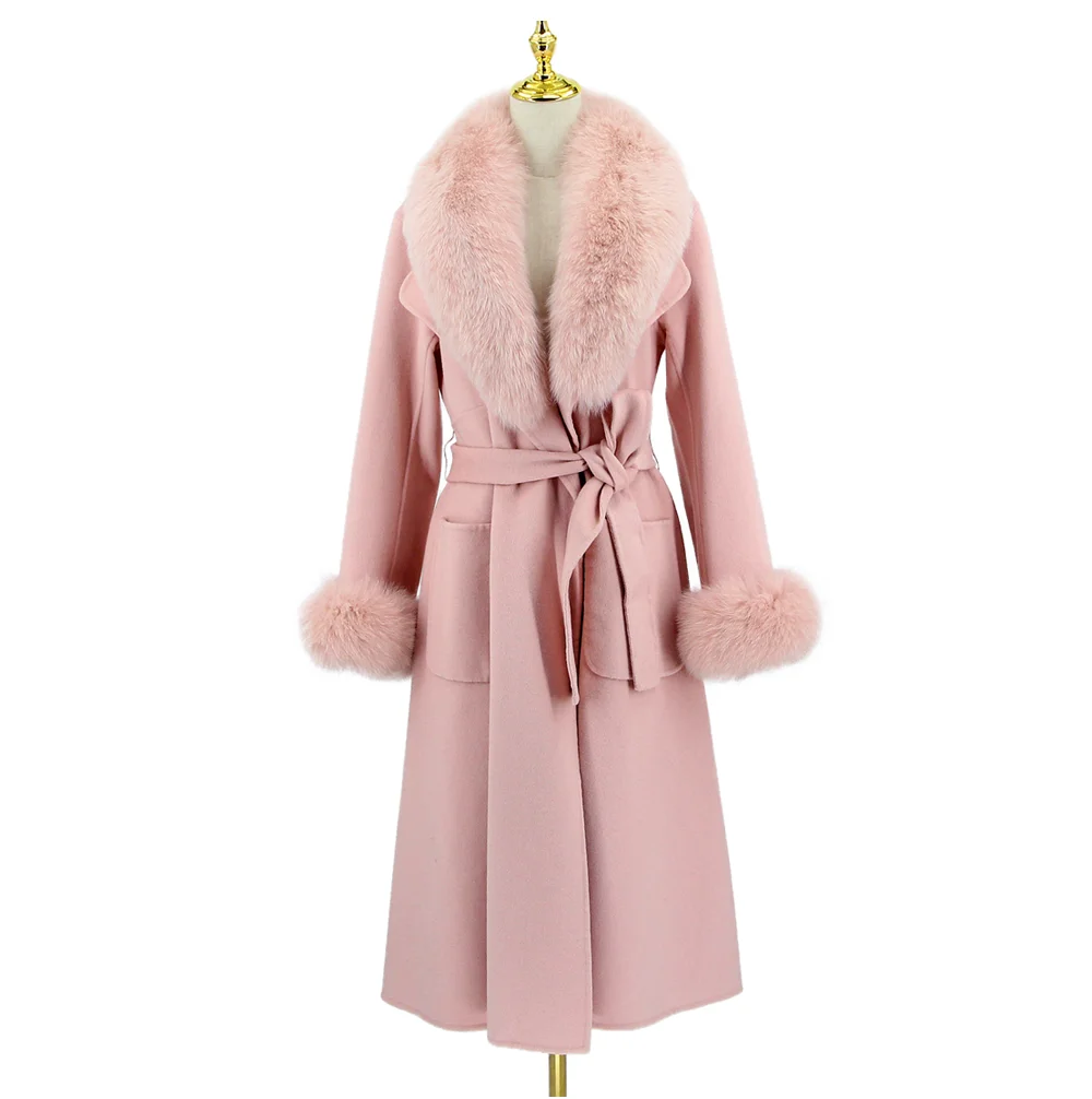

Black Friday Sale QIUCHEN- QC5066 New Style Real Cashmere Long High Quality Big Fox Fur Collar Wool Coat Women Cashmere, 5 colors