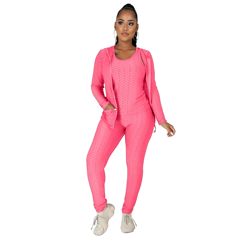 

New design Spice three Piece hoddies with vest and Butt Lifter Yoga Pants dark pink tracksuits for women