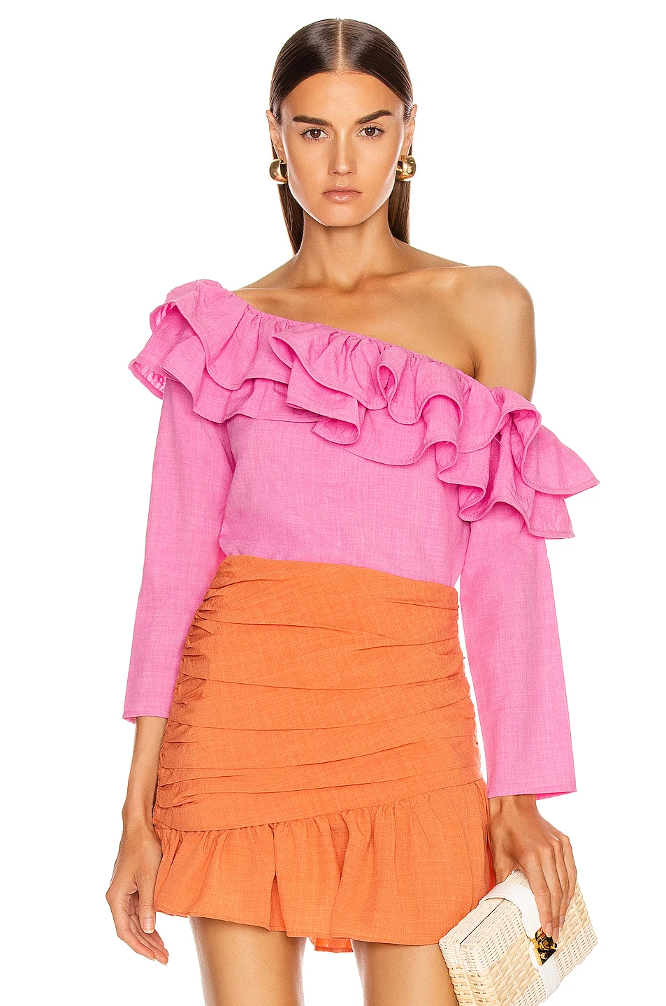 long sleeves ruffle neckline ladies blouse pink