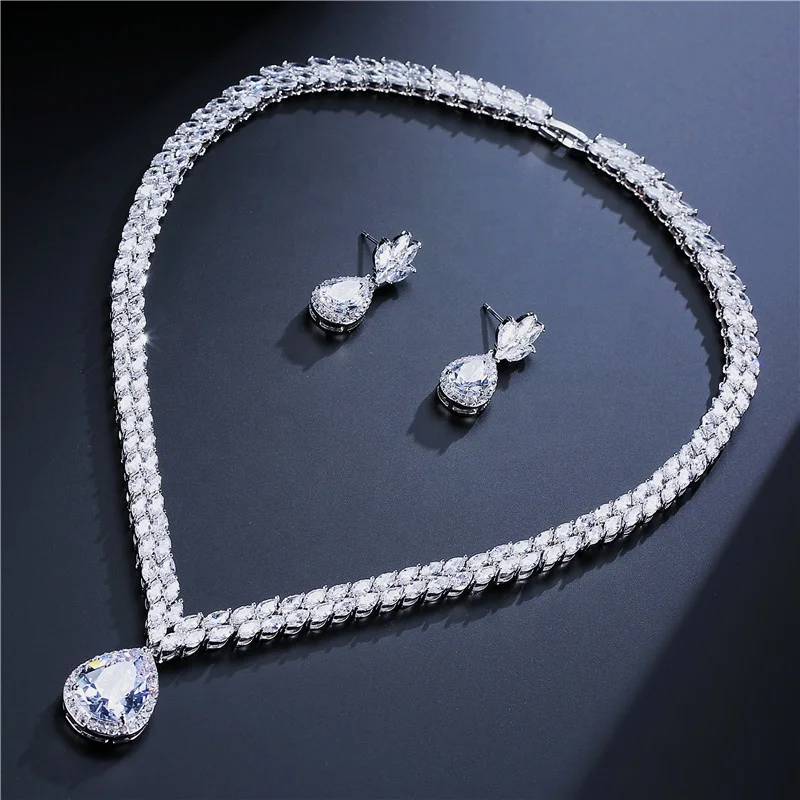 

High quality wedding jewelry sets dubai bridal luxury cubic zirconia big drop pendant necklaces and dangle stud earrings, Customized color