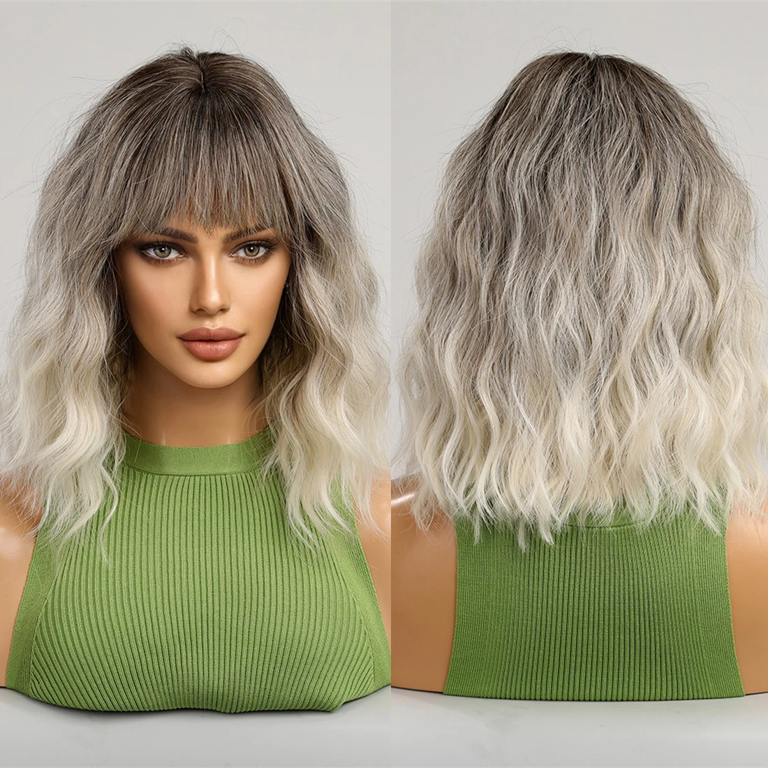 Black White Layered Wig Mid-length Hair Wave Bangs African Wig Women's Heat Resistant Fiber Matte Durable Scene Photo