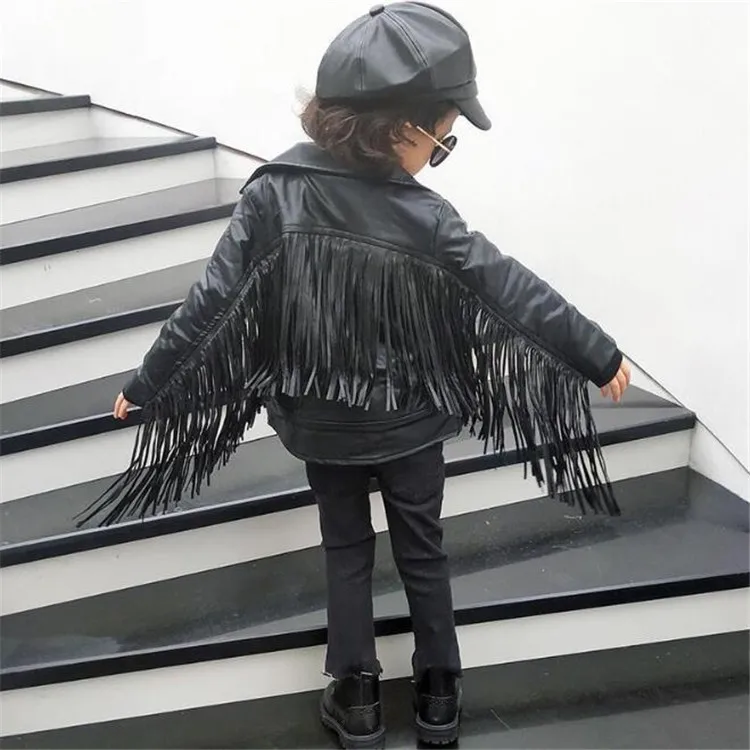 

Middle And Small Children's Short Motorcycle Jacket Spring Autumn Clothing New Fringed Lapel Kids Jackets Girls, Black