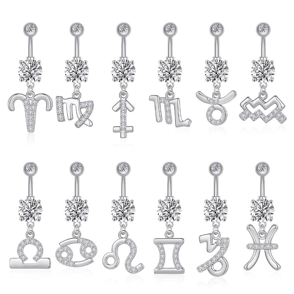 

12Pcs/Set Twelve Astrological Signs Belly Button Pierced Jewelry Navel Ring Dangle Rose Gold Surgical Bars for Women Girls, Sliver and rose gold