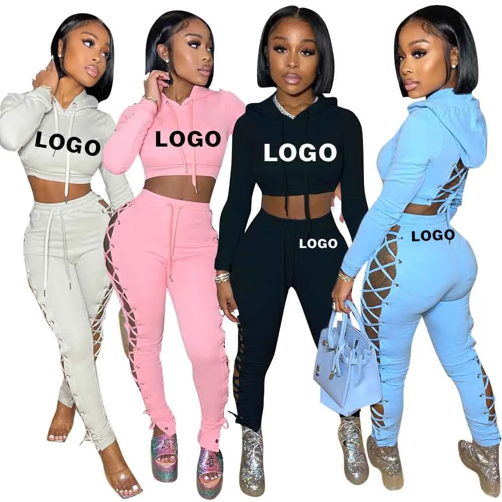 

2021 Fall Outfits Custom Logo Side Lace Up Hollow Out Pullover & Jogger Pants Yoga Tracksuit 2 Pieces Plus Size Women Clothing