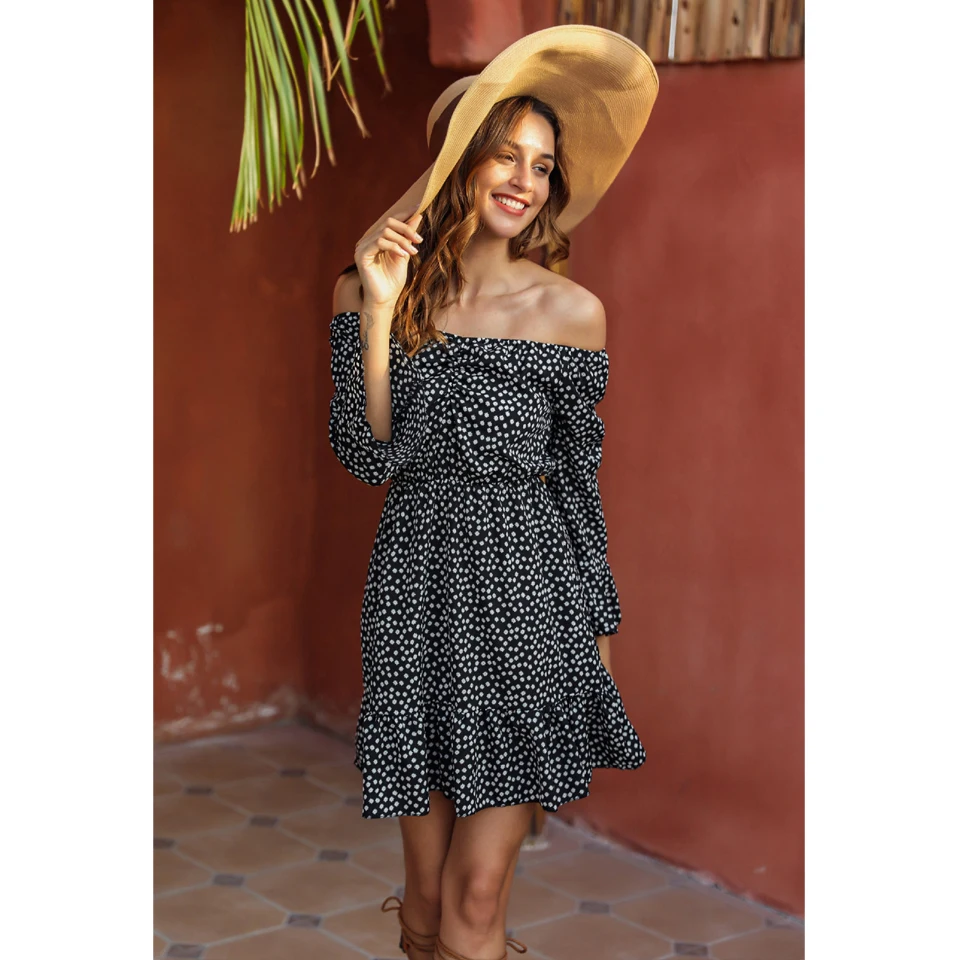 

Drop Shipping New Arrivals 2020 Sexy Fashion Off Shoulder Polka Long Sleeve Princess Casual Dresses Women Summer Bohe Dress