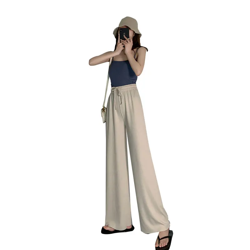 

Wholesale customized loose mopping straight leggings elastic waist Women wide leg pants, Black/pink/blue/beige
