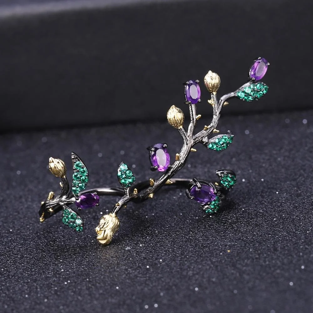 

Abiding 925 Sterling Silver Tree Shape Double Finger Rings for Women Natural Amethyst Double Finger Rings