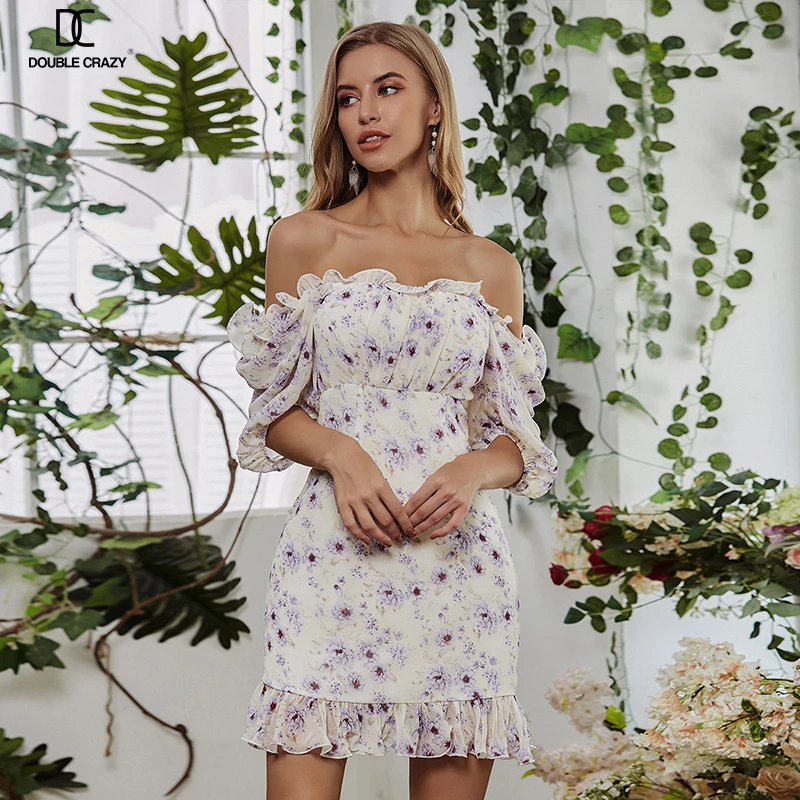 

Weixin Shein Moq 1 Dropshipping Women Clothing Puff Sleeve Floral Print Ruffle Bardot Casual Dresses