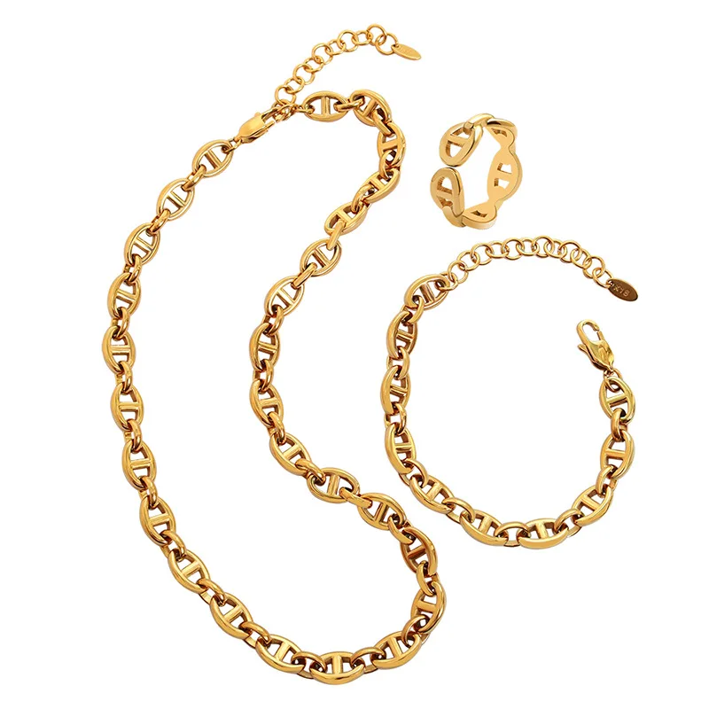 

Fashion Hip Hop 18k Gold Plated Stainless Steel Exaggerated Necklace Bracelet Ring Jewelry Set YF2865